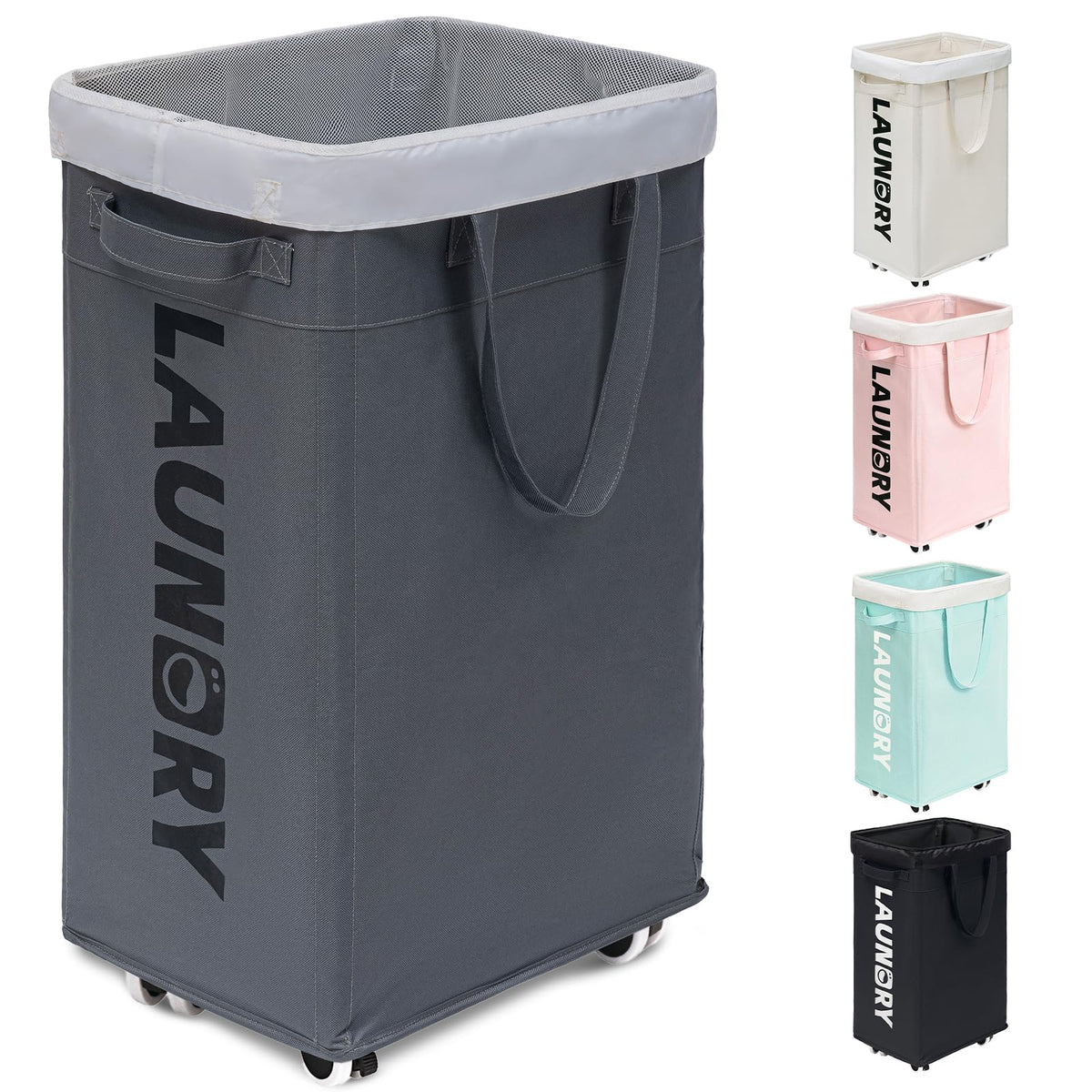 Goodpick laundry basket with wheels, side view, easy mobility for dorm laundry.