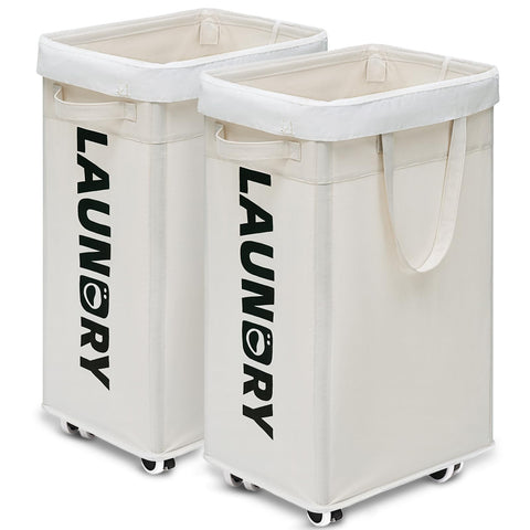 Goodpick laundry basket with wheels, top view, for easy maneuvering in small spaces.