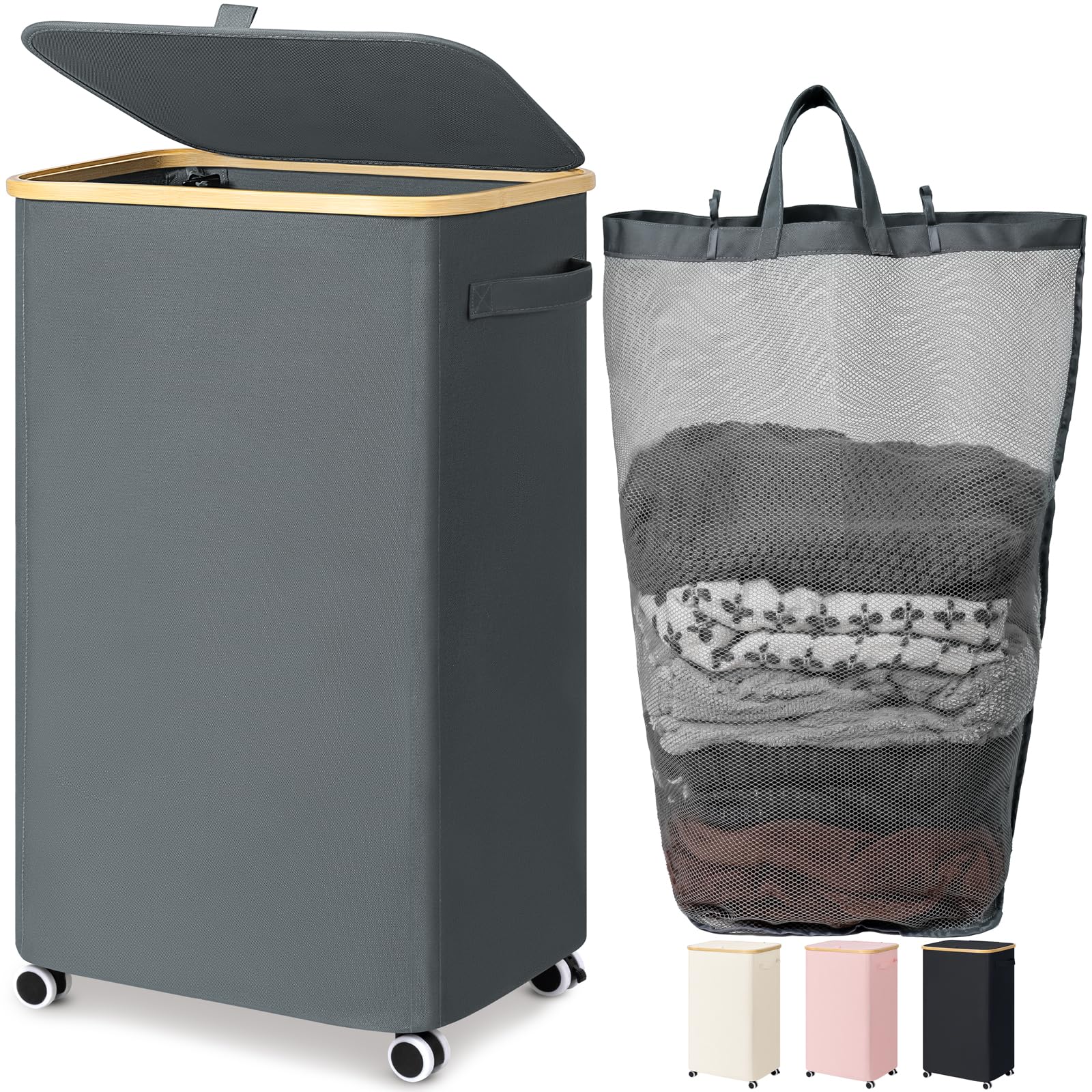 Goodpick laundry basket with wheels for easy transport on any floor.