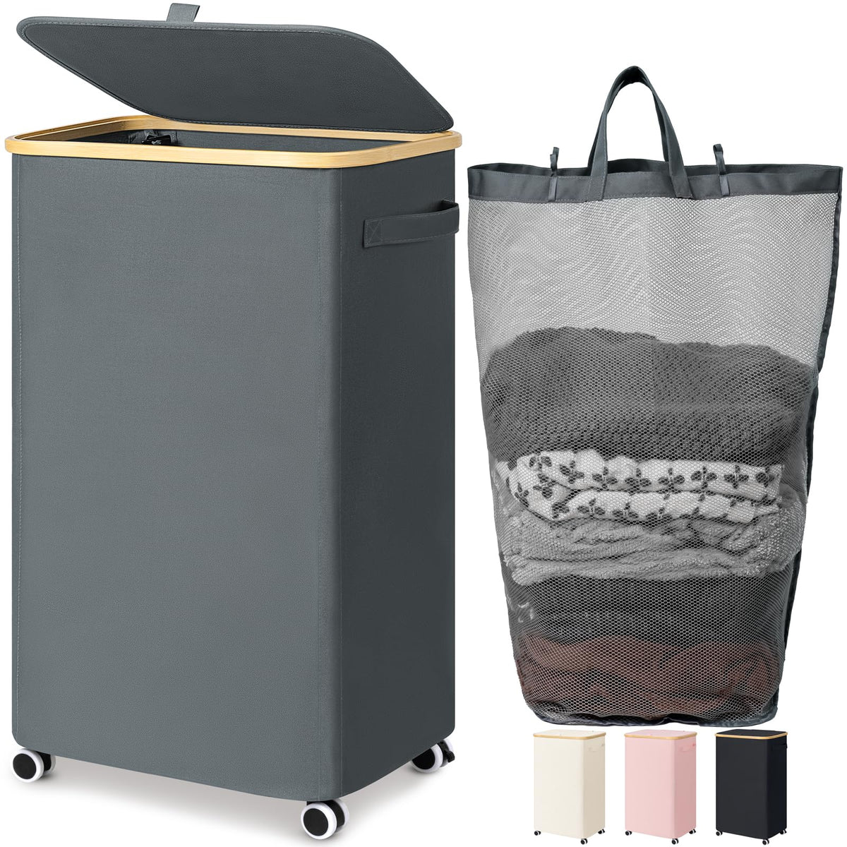 Goodpick laundry basket with wheels for easy transport on any floor.