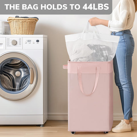 Goodpick pink laundry basket, top metal frame keeps it upright