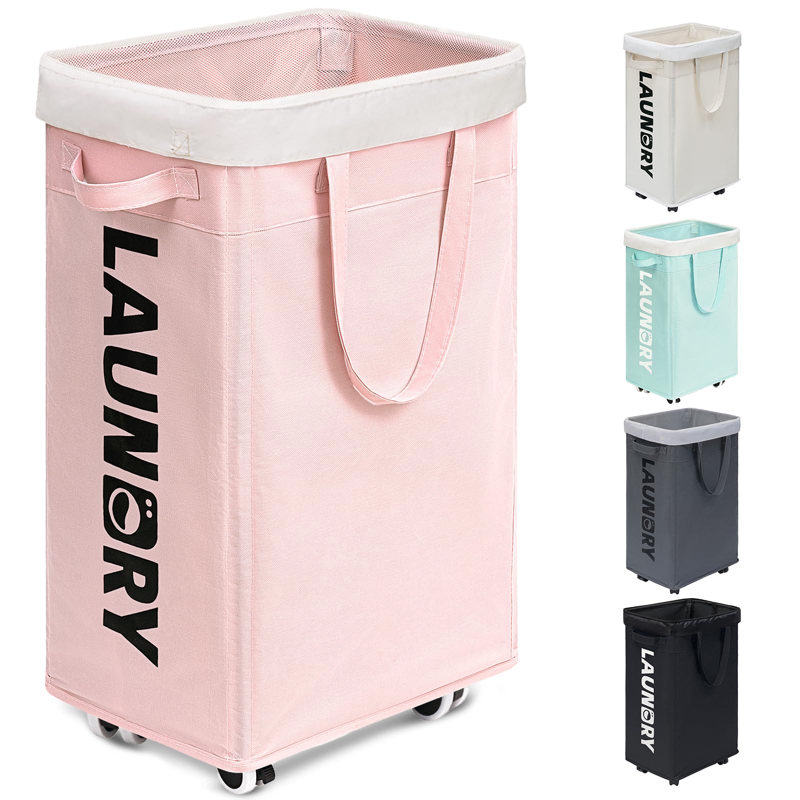 Goodpick pink laundry basket with wheels, front view, easy transport of clothes