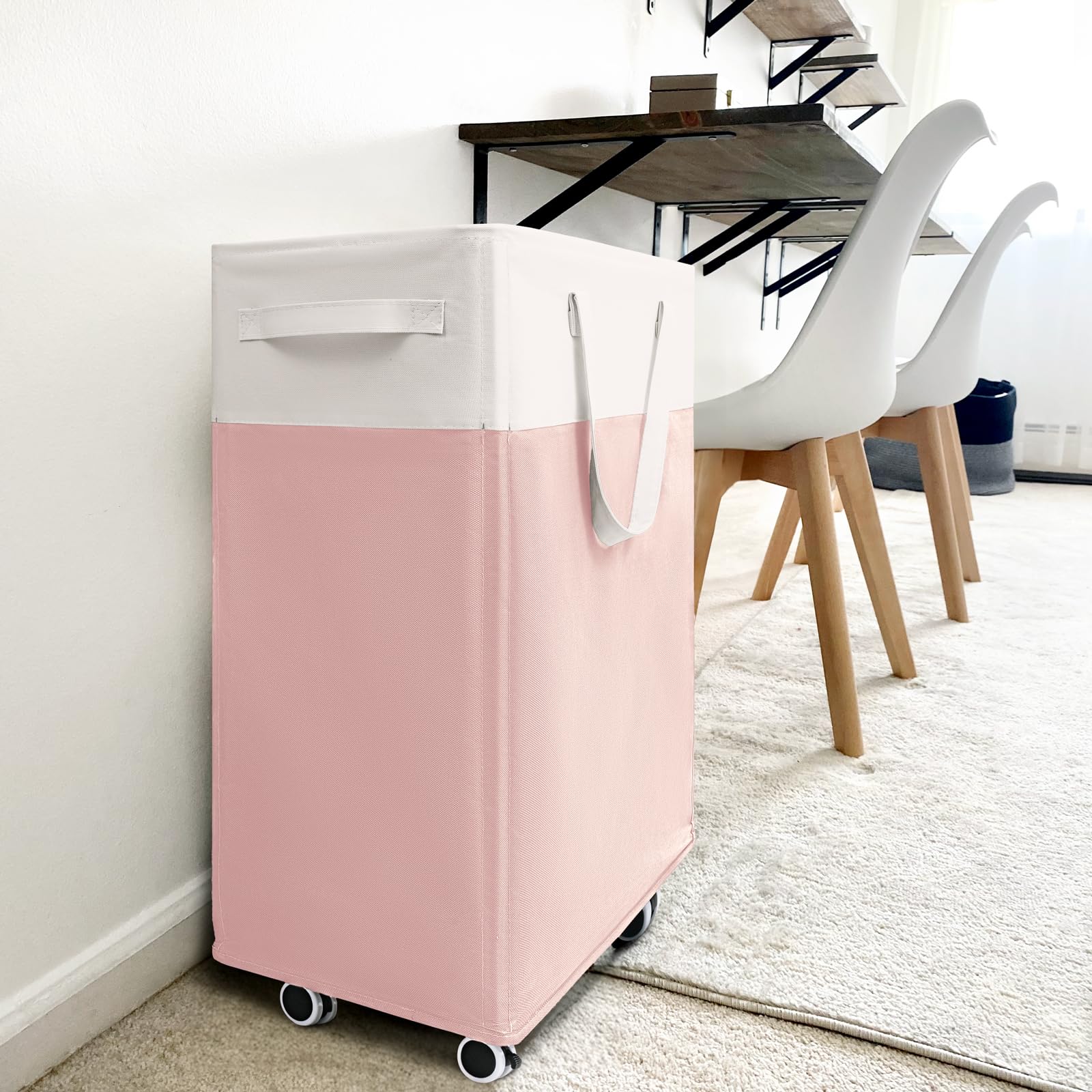 Goodpick pink and white dorm laundry hamper blends into modern rooms