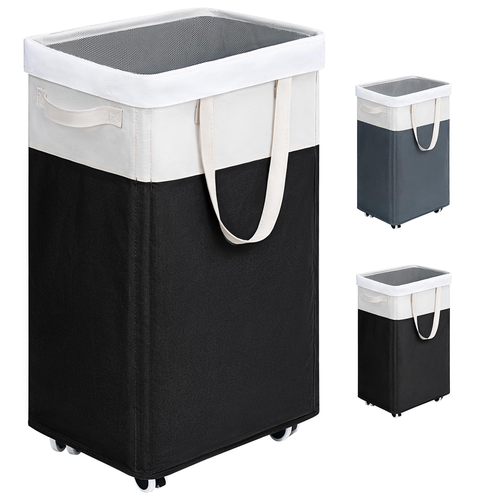 Goodpick rolling laundry hamper with wheels showing 75L capacity for easy transport and large load.