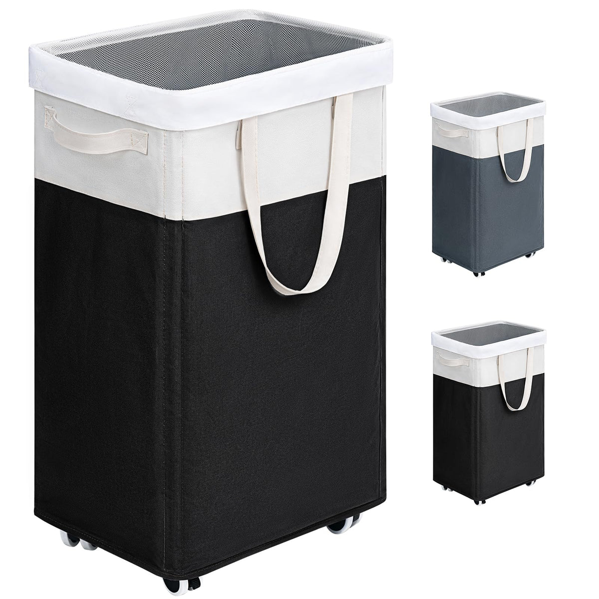 Goodpick rolling laundry hamper with wheels showing 75L capacity for easy transport and large load.