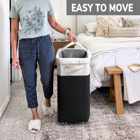 Goodpick wheeled laundry bin with metal frame for durability and upright balance.