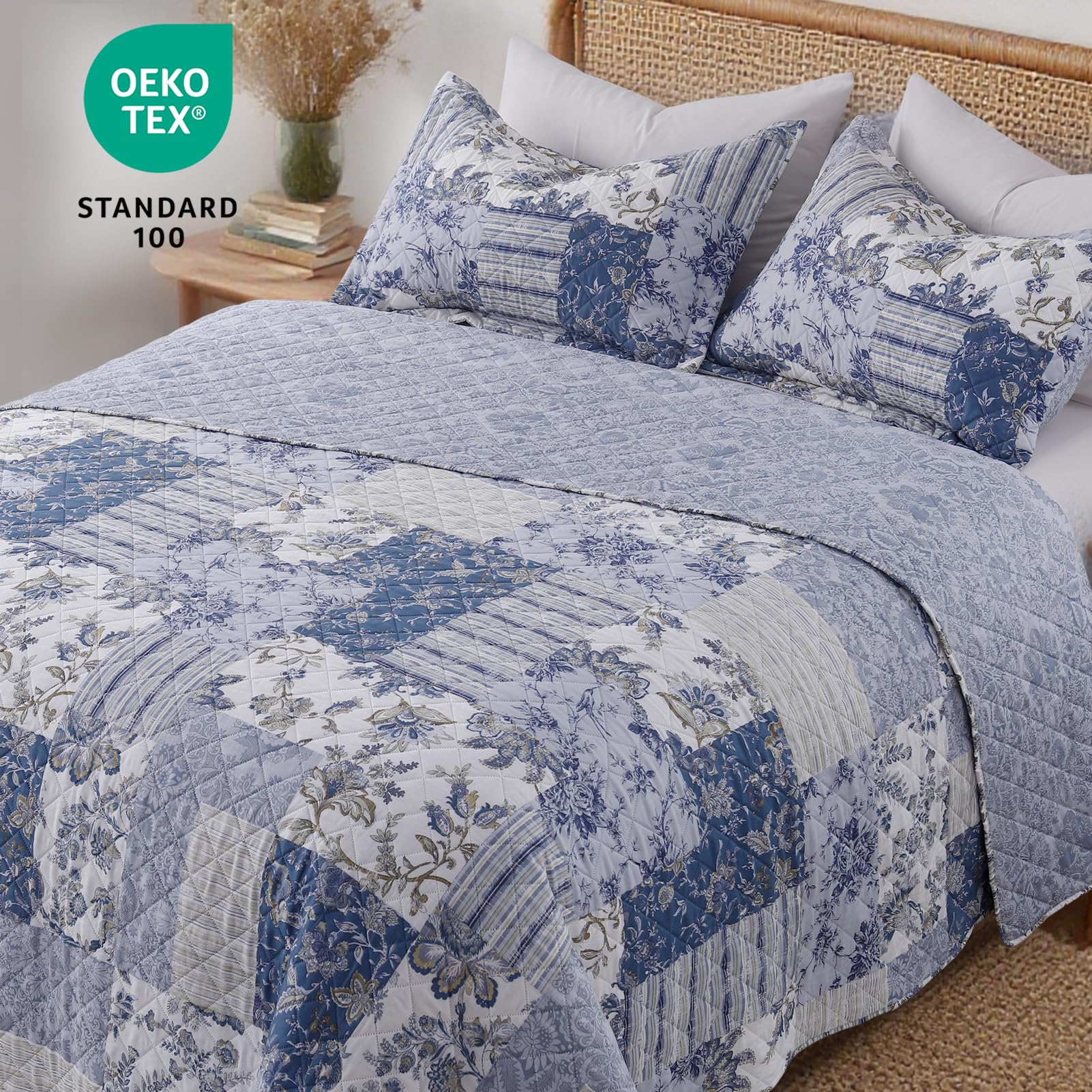 GOONE XL King Quilt reverses to boho blue floral on side B