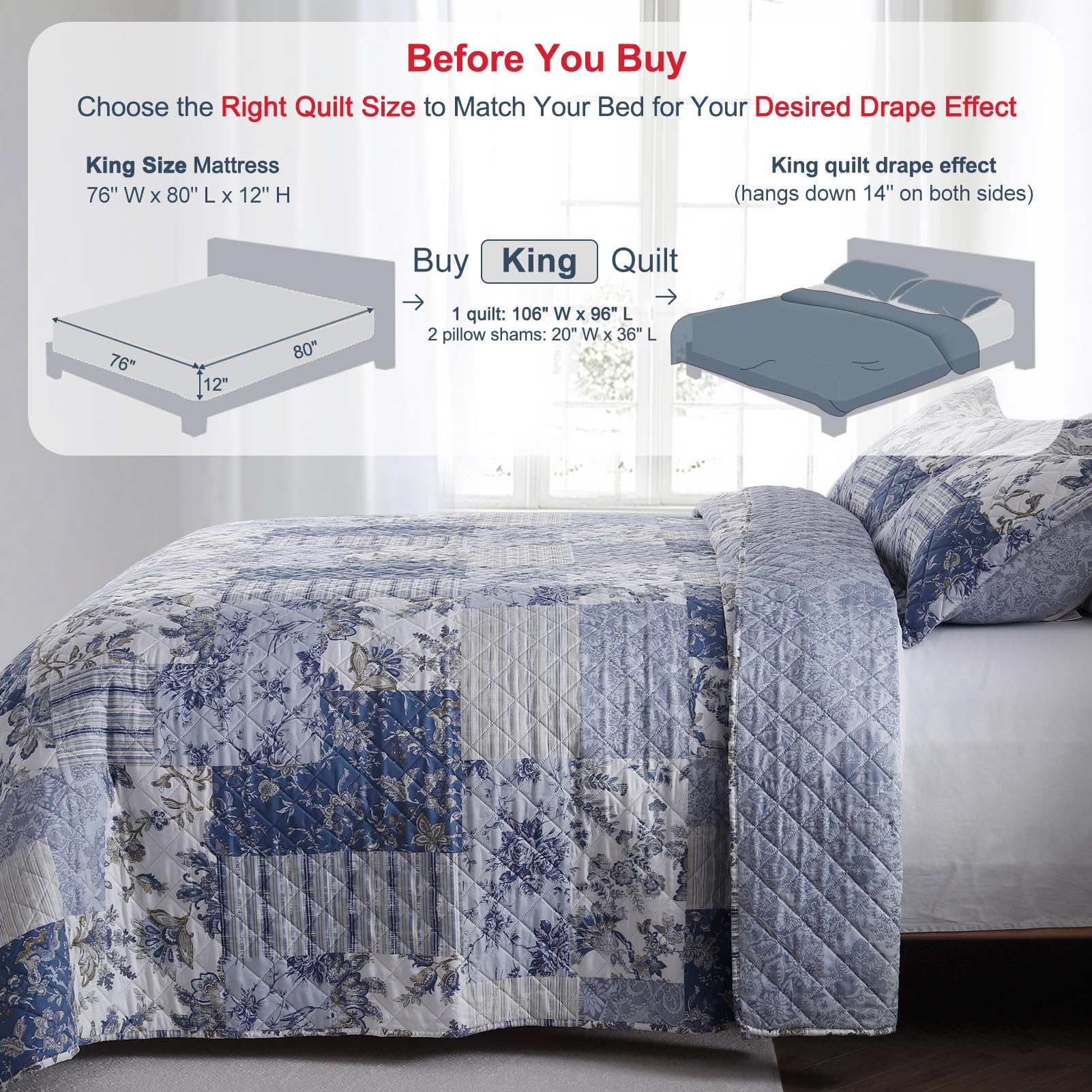 GOONE XL King Quilt reversible patterns side A with blue floral design
