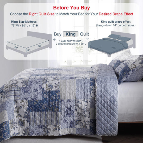 GOONE XL King Quilt reversible patterns side A with blue floral design