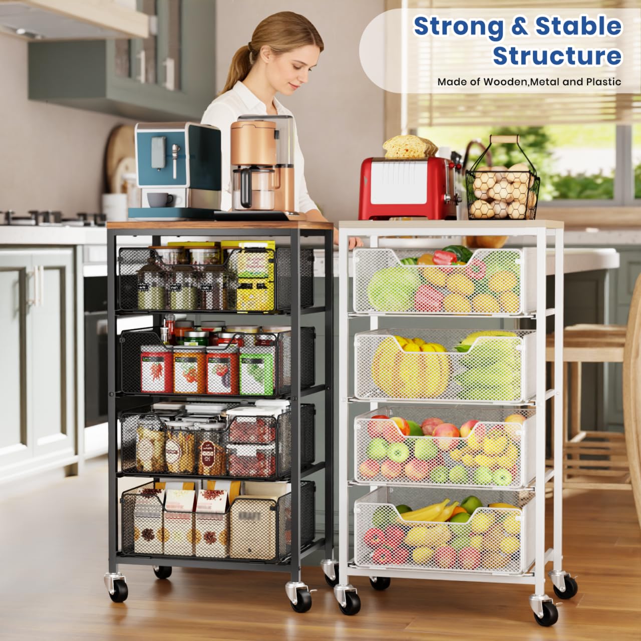 Goovilla kitchen cart drawers organize utensils and pantry items at a glance.