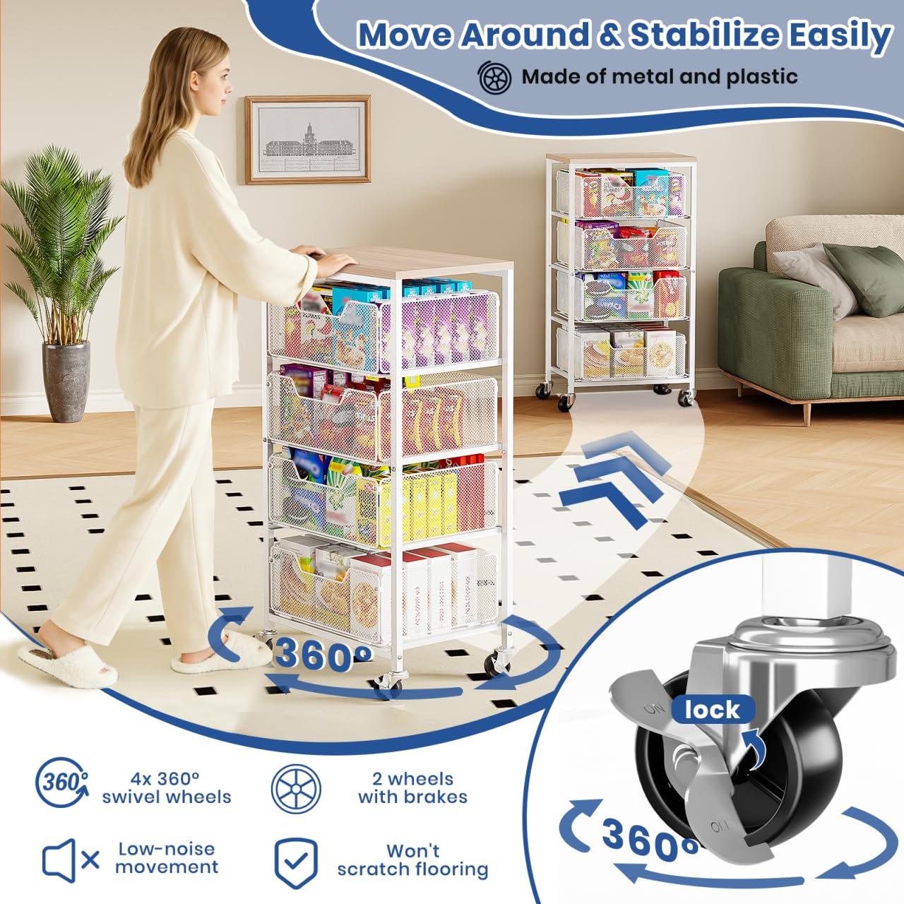 Goovilla rolling cart metal frame resists rust in busy spaces.