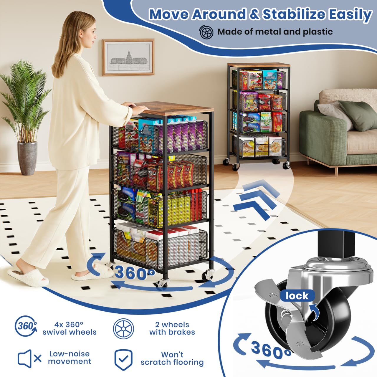 Goovilla kitchen cart moves smoothly on wheels for easy rearrangement