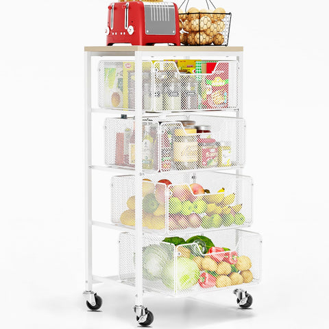 Goovilla kitchen cart with wooden top offers sturdy surface for small appliances.
