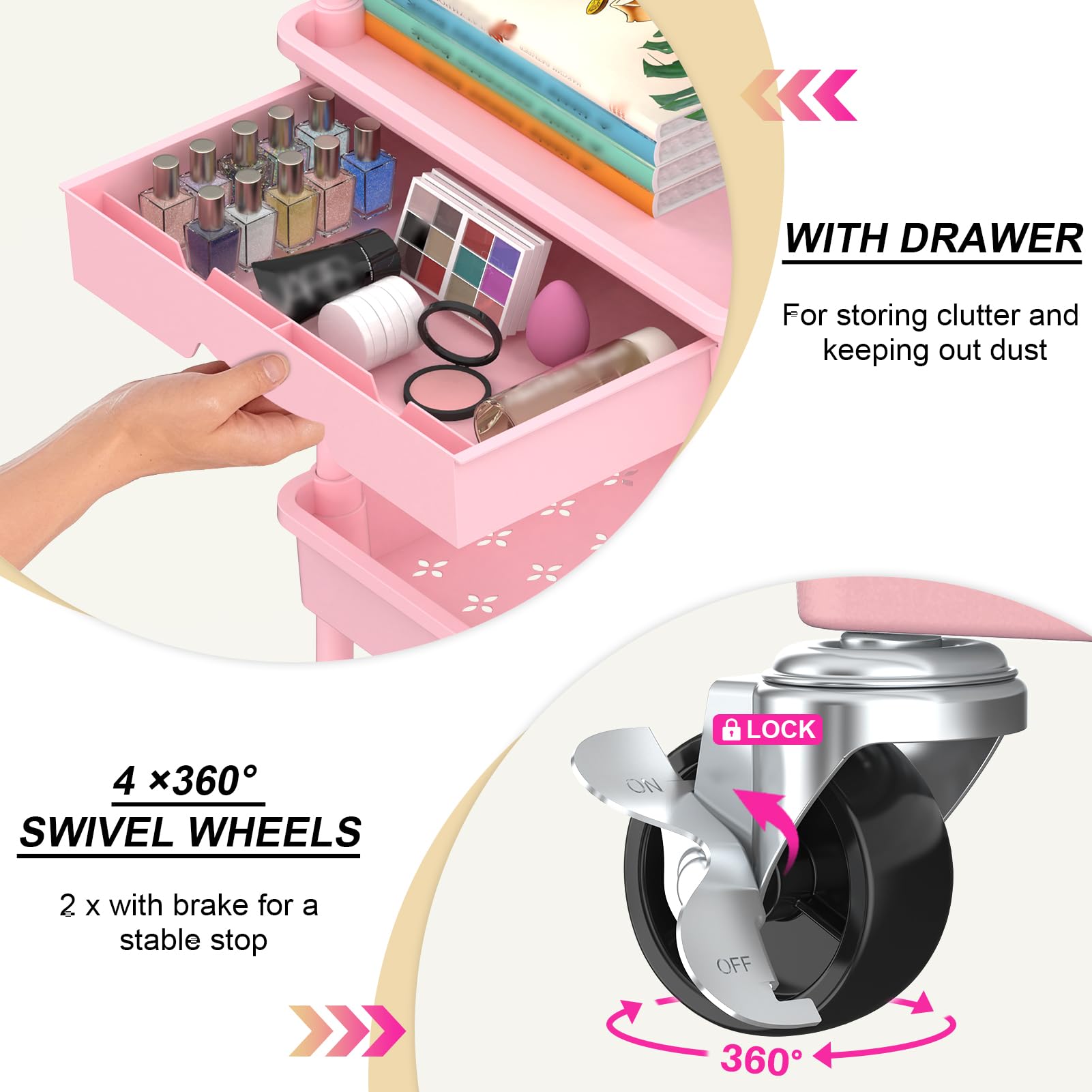 Goovilla pink cart with 360° swivel wheels for smooth maneuvering