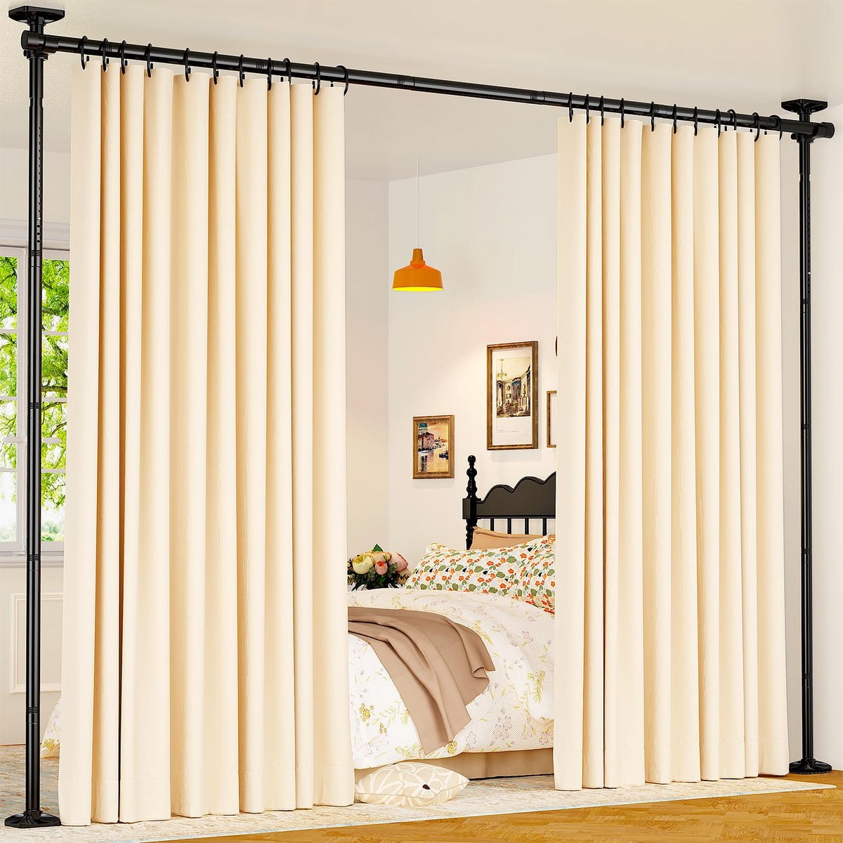 Goovilla room divider tension pole assembly for tool-free privacy.