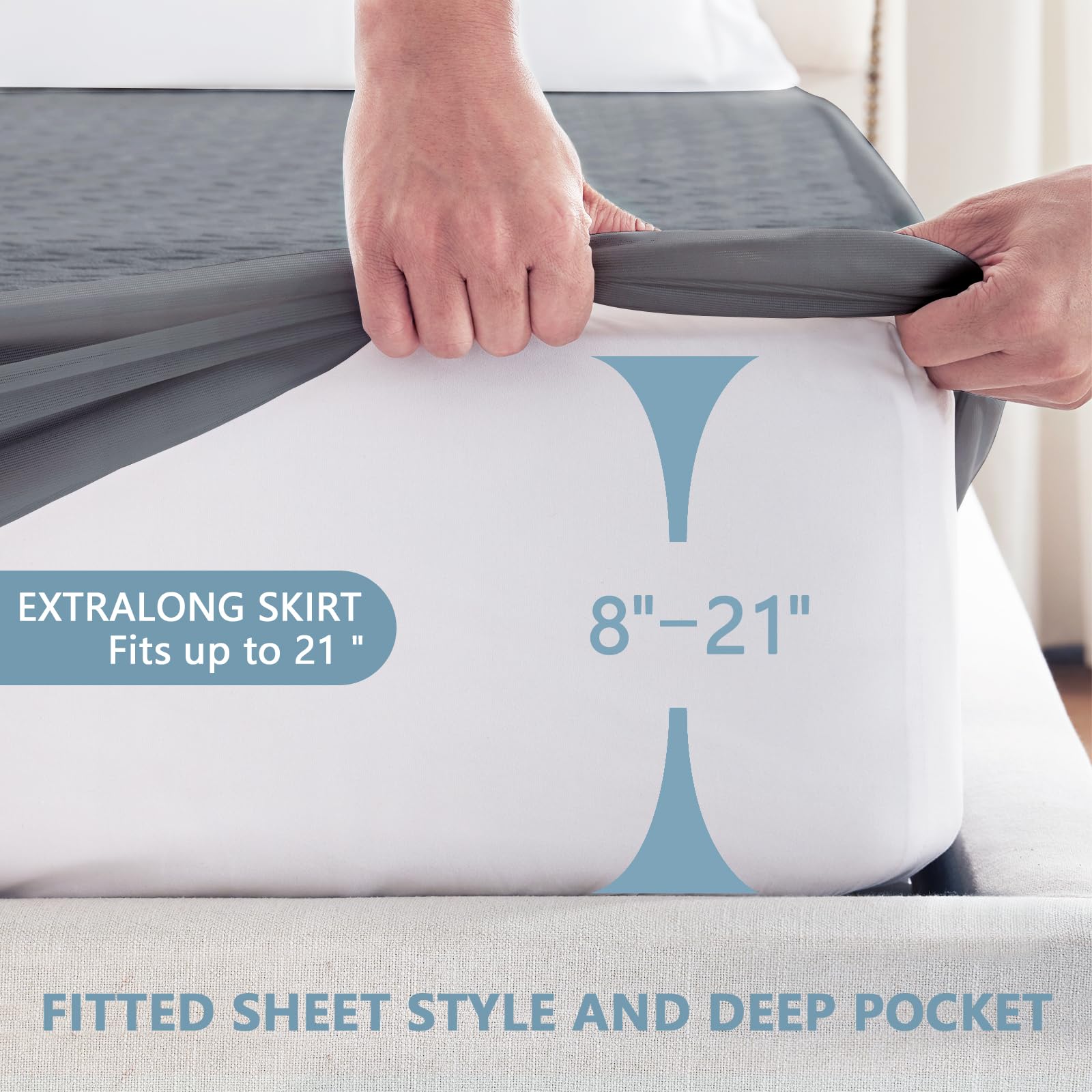 GOPOONY 18-inch deep pocket fits most mattresses up to 21 inches.