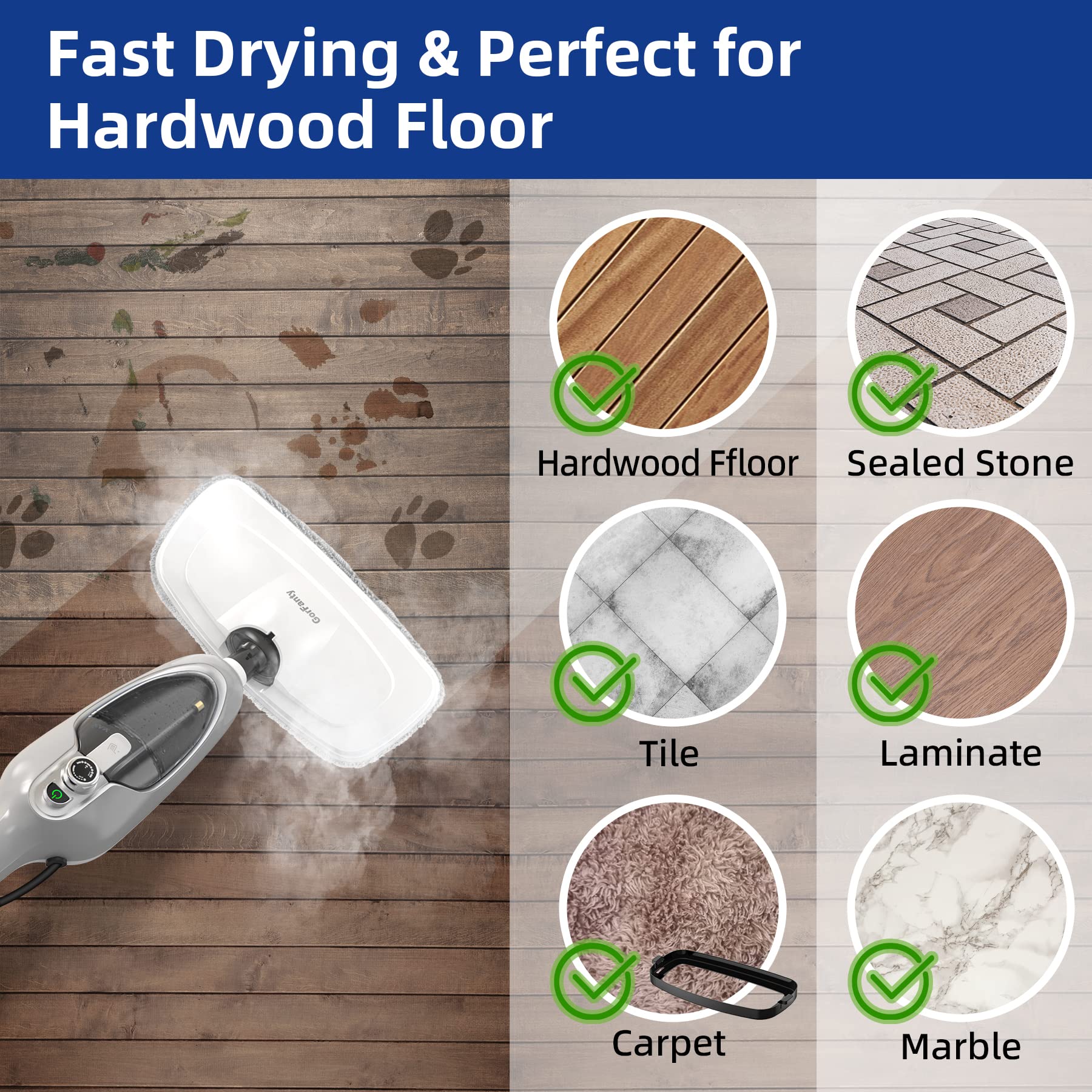 GorFanty steam mop with microfiber pads and carpet glider for versatile cleaning