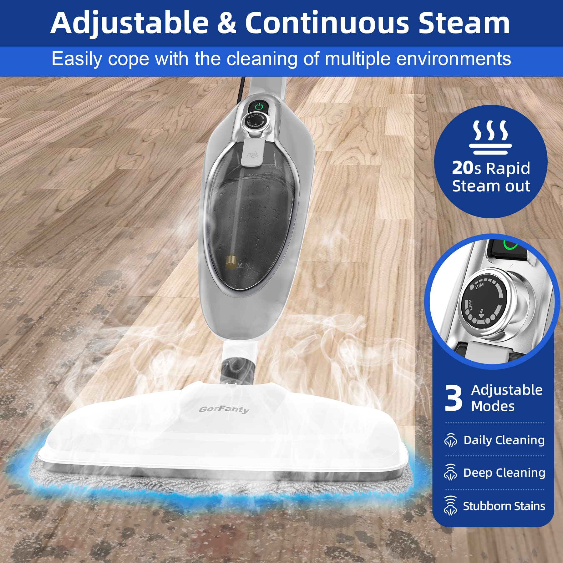 GorFanty steam mop with flexible 120° rotation for tight corners