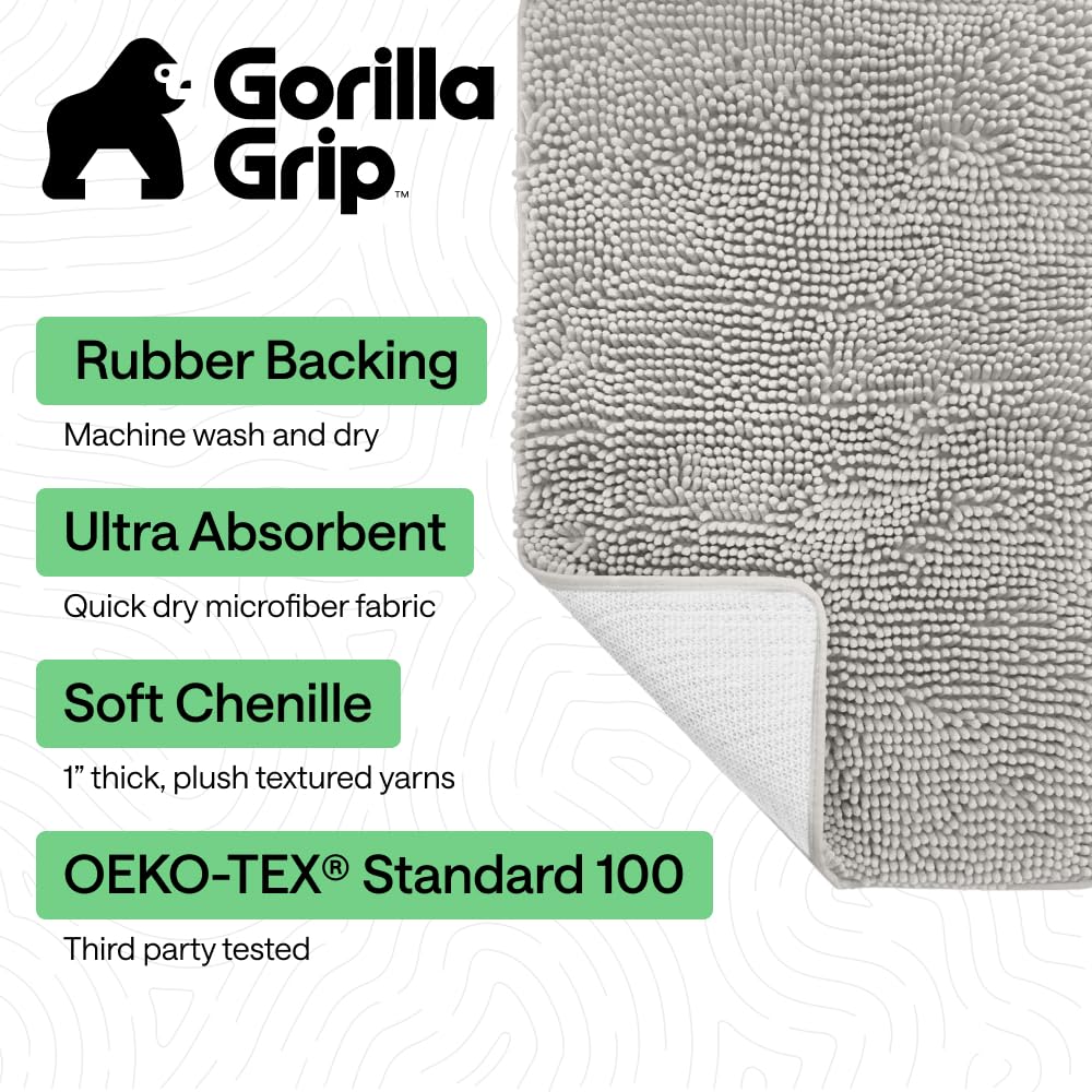 GORILLA GRIP absorbent bath mat captures moisture for a dry bathroom floor.