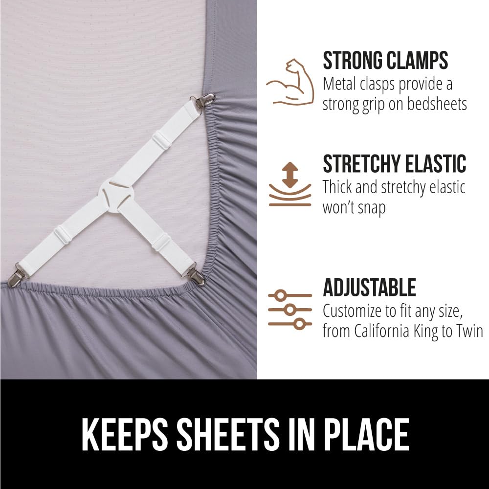 GORILLA GRIP adjustable length straps extend 6-25 inches to fit most mattresses