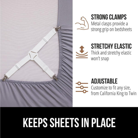 GORILLA GRIP adjustable length straps extend 6-25 inches to fit most mattresses