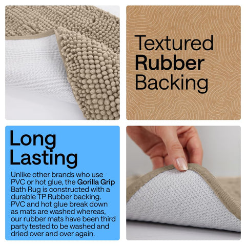 Beige bath mat with quick-dry design suitable for busy bathrooms.