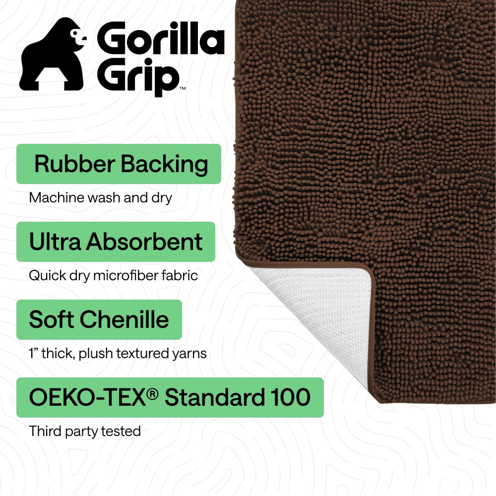 GORILLA GRIP bath rug 30x20 absorbent-pile, keeps bathroom floors drier after showers.