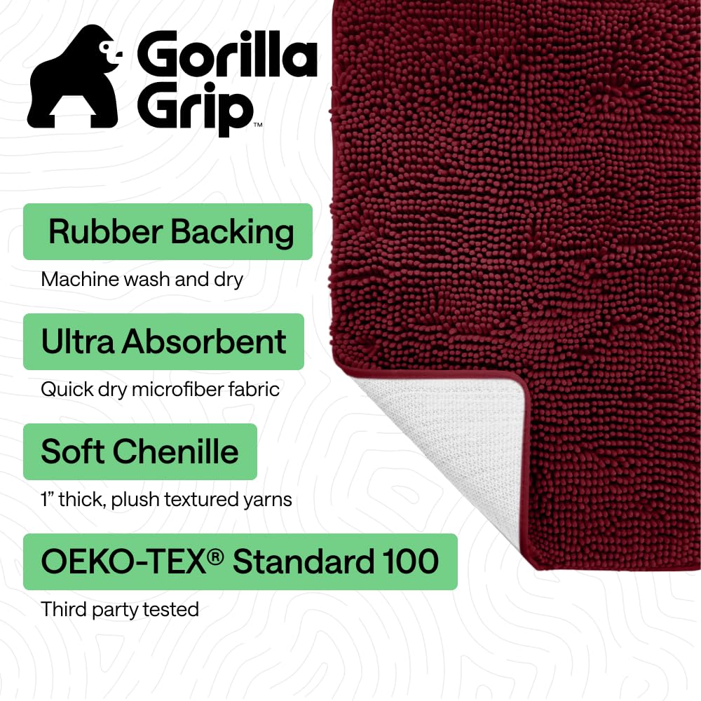 Gorilla Grip bath rug 30x20 burgundy ultra-absorbent pile helps keep floors dry.