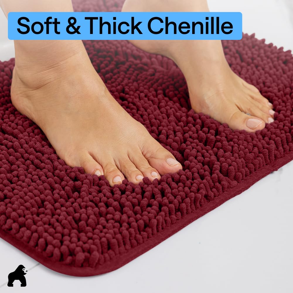 Gorilla Grip bath mat 30x20 burgundy dries quickly after showers.