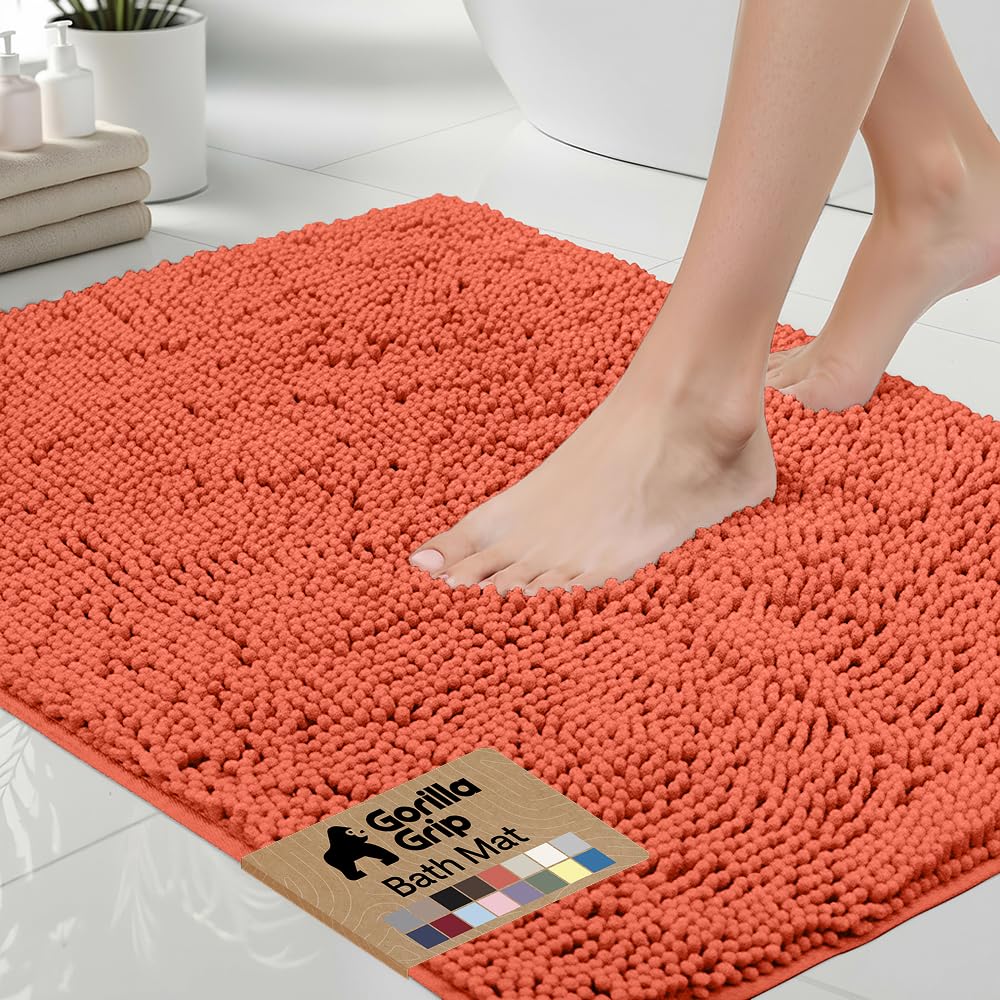 GORILLA GRIP bath rug 30x20 in coral with soft chenille for warm feet.