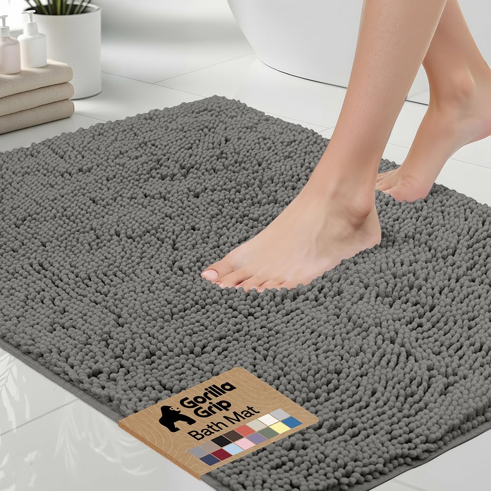 Gorilla Grip 36x24 charcoal bath rug with plush chenille for warm feet and quick drying.