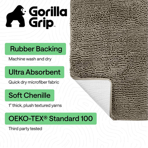 Gorilla Grip bath rug latte texture closeup highlights dense pile and quick-dry fibers.