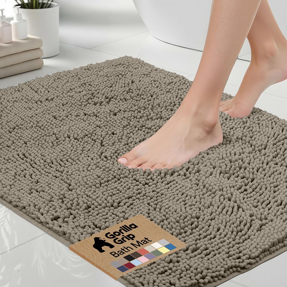 Gorilla Grip bath rug latte wide shot shows plush chenille warmth for cold floors.