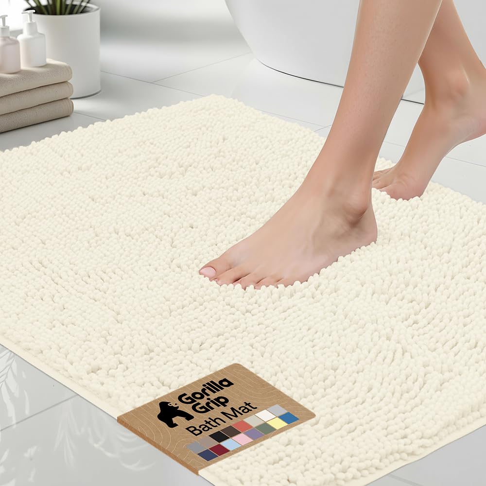 GORILLA GRIP bath rug mat 30x20 in ivory cream with thick chenille for warm, cushioned feet