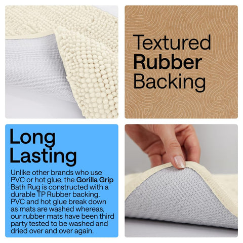 TP rubber backing of GORILLA GRIP rug provides durable grip on bathroom floor