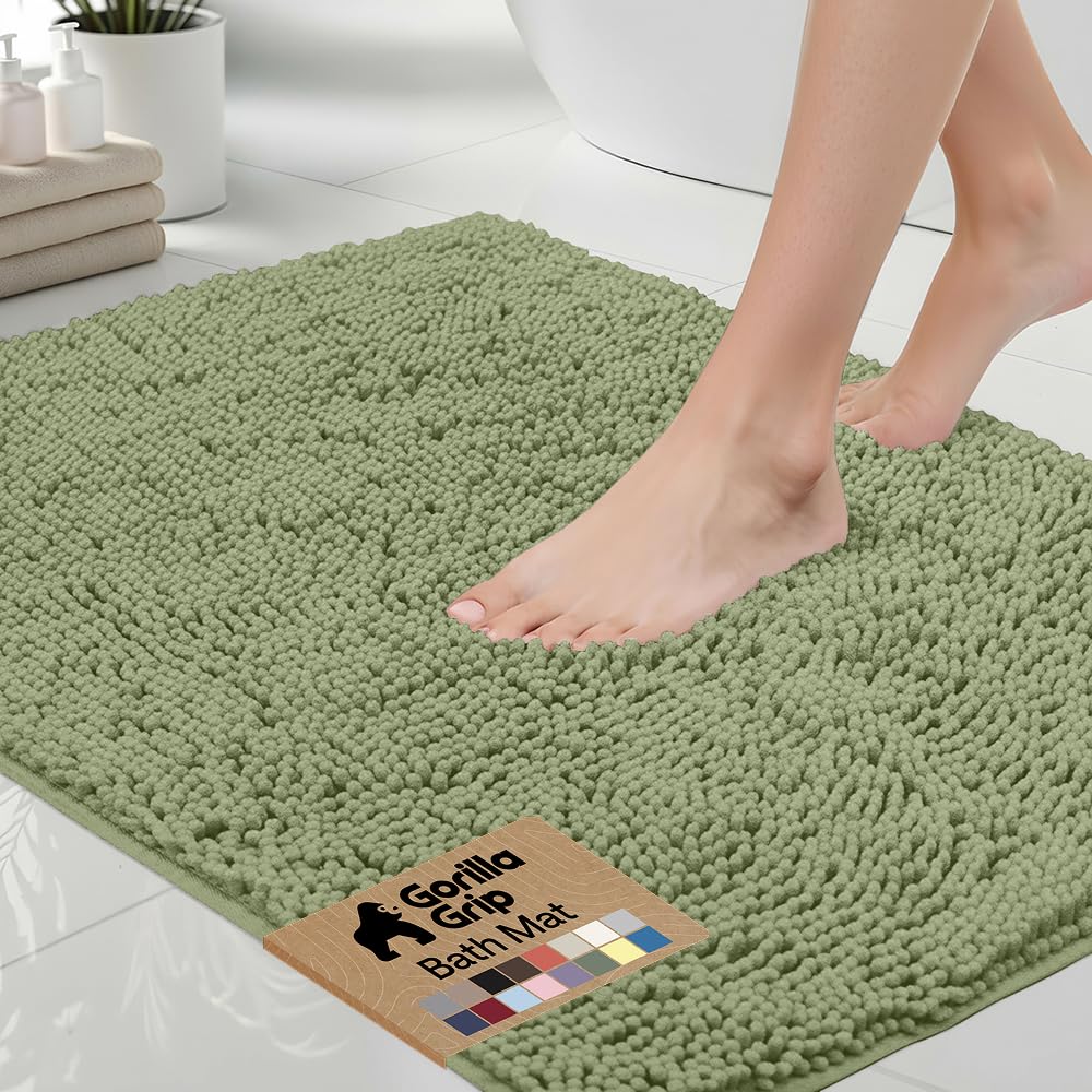 Gorilla Grip bath rug mat 30x20 sage green—soft chenille for warm, cozy feet