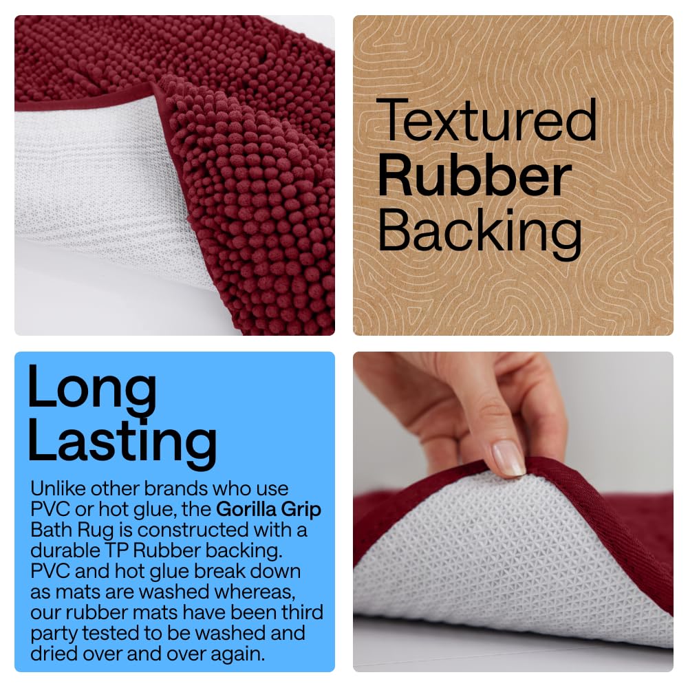 Textured TP rubber backing for strong grip on bathroom floors.