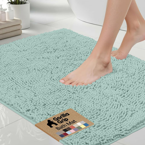 GORILLA GRIP bath rug mat in Seablue showing plush chenille pile for warm feet