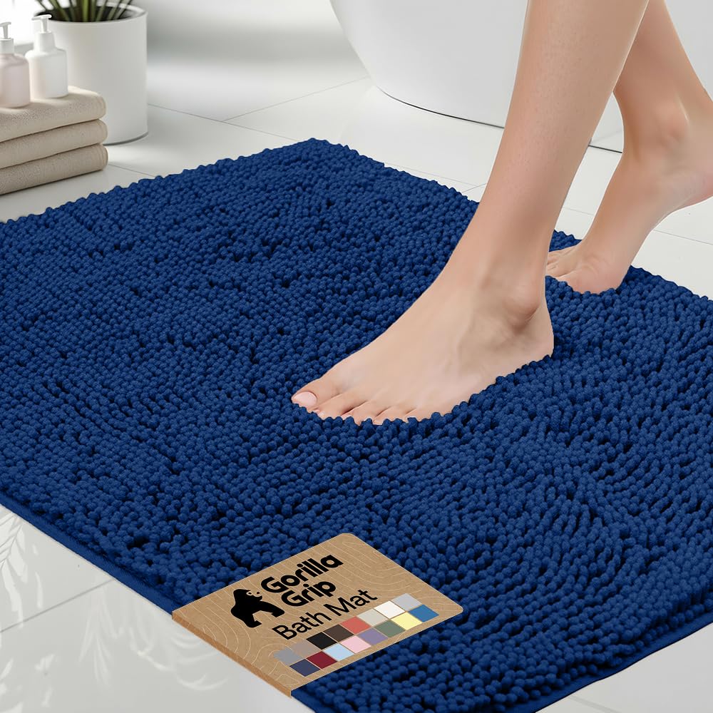 Gorilla Grip bath rug mat 36x24 with plush chenille for warm feet after a shower.