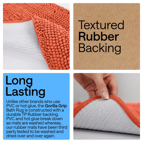 GORILLA GRIP rug uses TP Rubber Backing for secure placement.