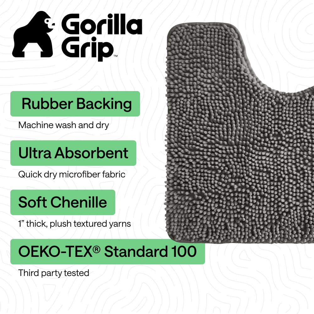 GORILLA GRIP dense-absorbent chenille rug contours around the toilet to absorb moisture.