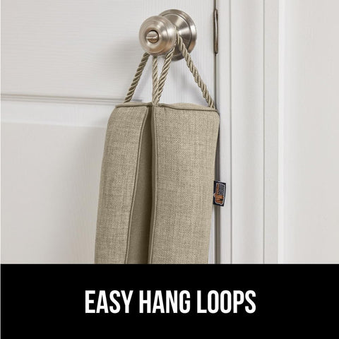 Hook-and-loop-fastener detail demonstrates easy, secure storage on door.