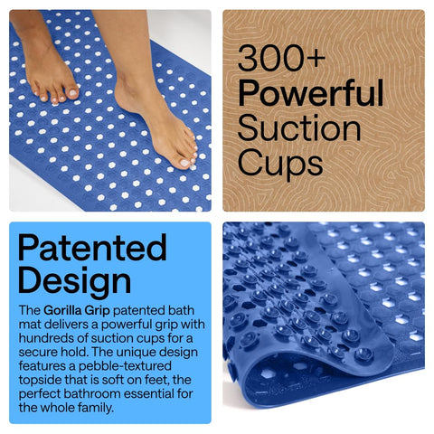 GORILLA GRIP drain holes illustrate water flow to prevent pooling.