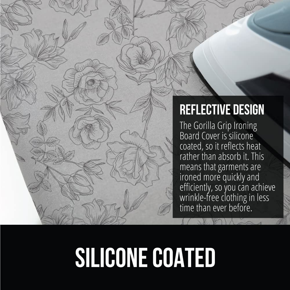 GORILLA GRIP cover stays put with elastic edges and straps for secure ironing.