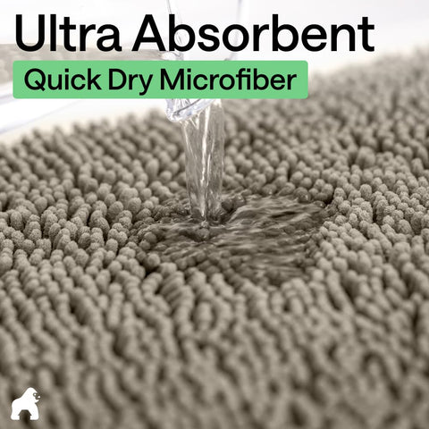 GORILLA GRIP latte rug lifestyle shot demonstrates warm, inviting bathroom decor.