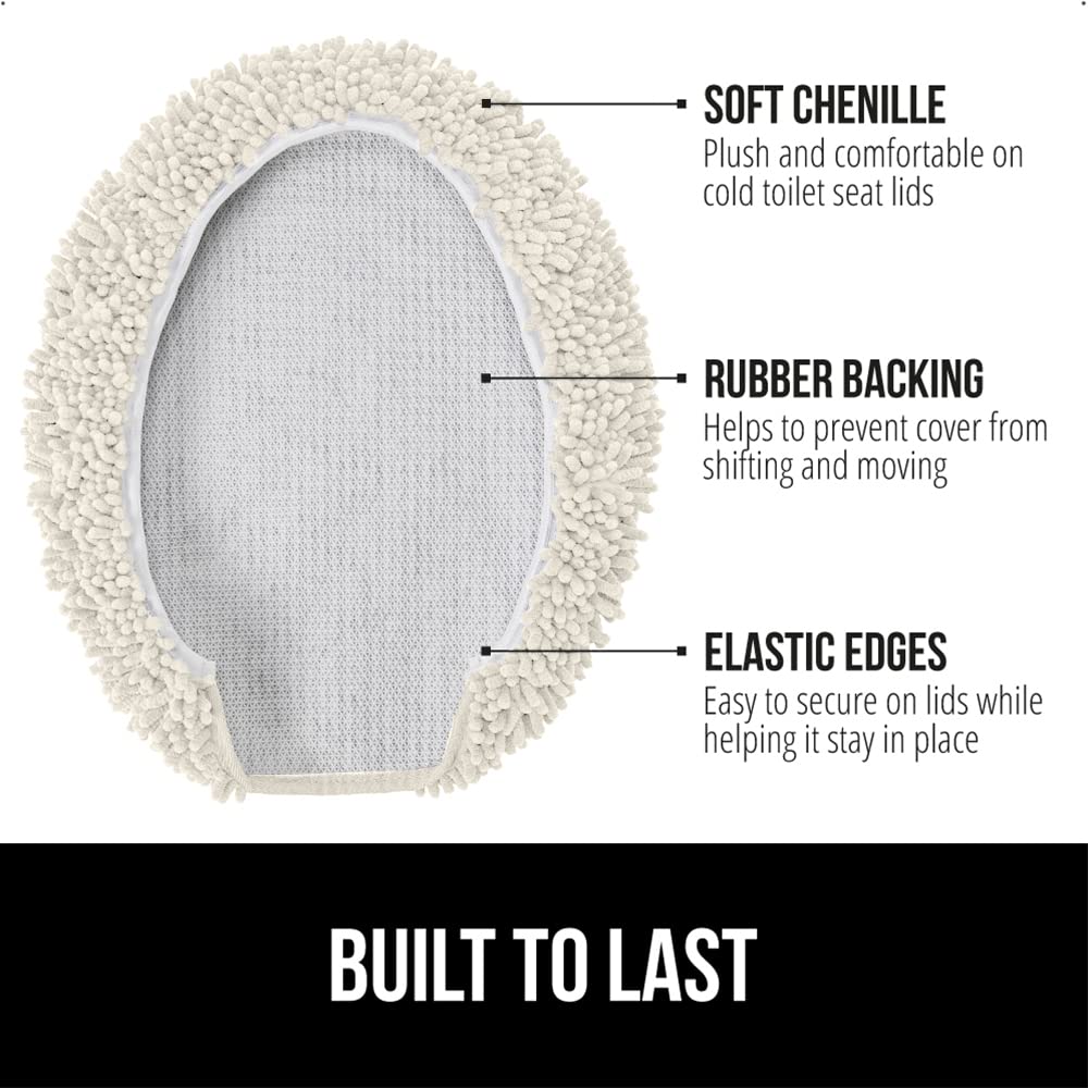 Gorilla Grip lid cover on oval toilet lid demonstrates secure elastic fit.