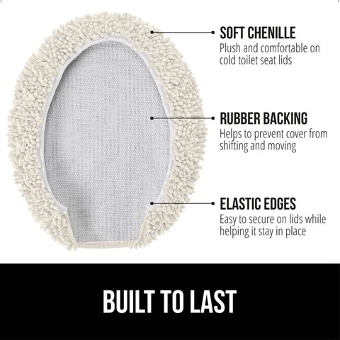 Gorilla Grip lid cover on oval toilet lid demonstrates secure elastic fit.