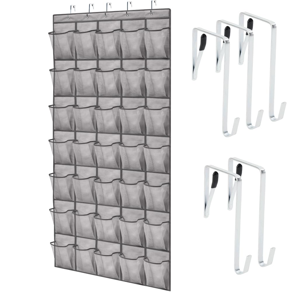 Gorilla Grip over-the-door shoe organizer with 35 pockets keeps shoes neatly organized.
