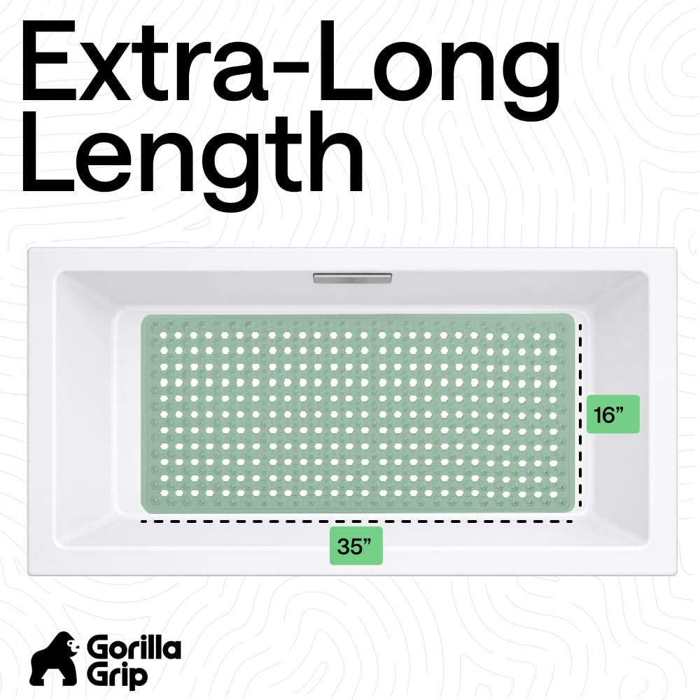 GORILLA GRIP oversized 35x16 inch mat covers a large tub area.