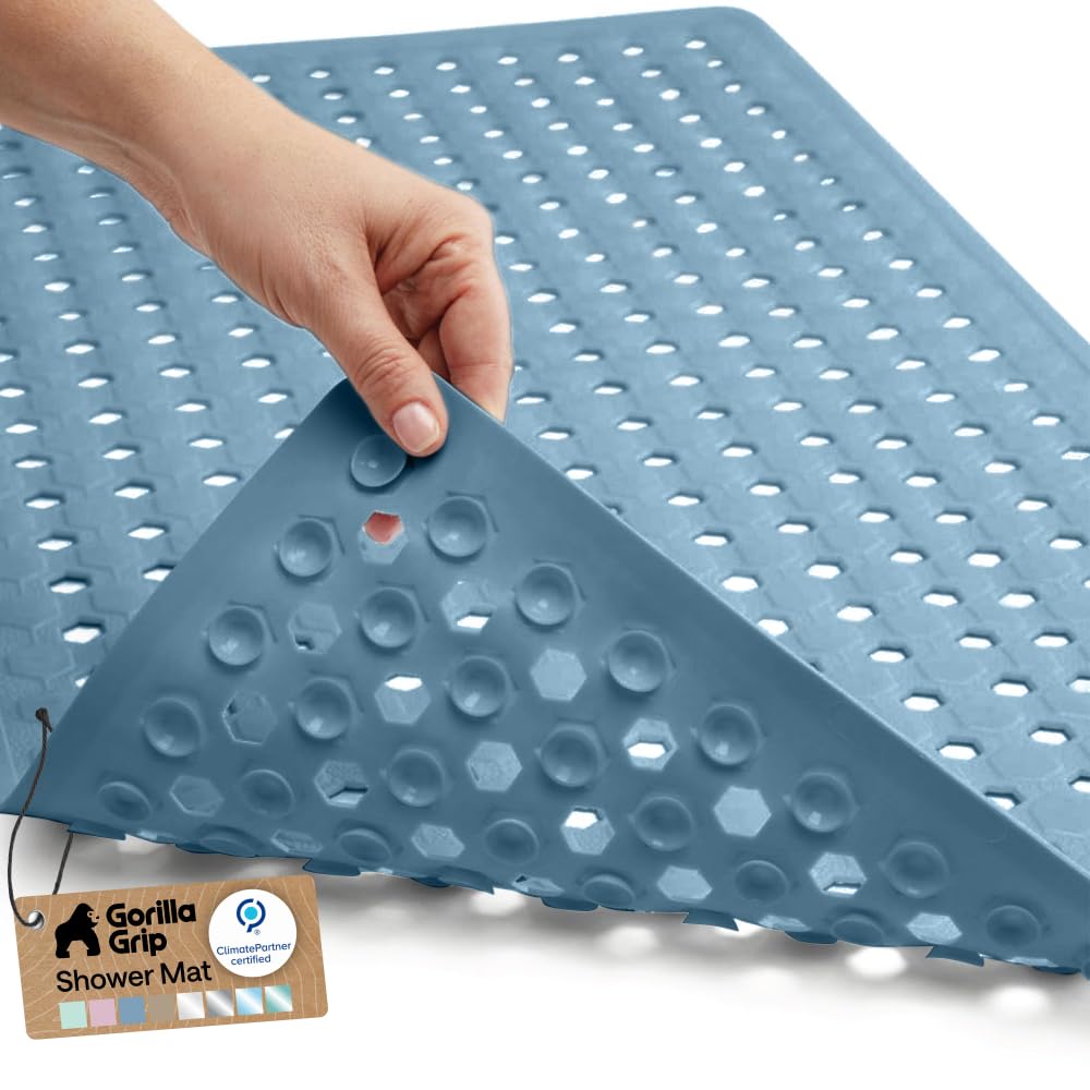 GORILLA GRIP Patented bath tub mat shows strong suction cups for secure placement.